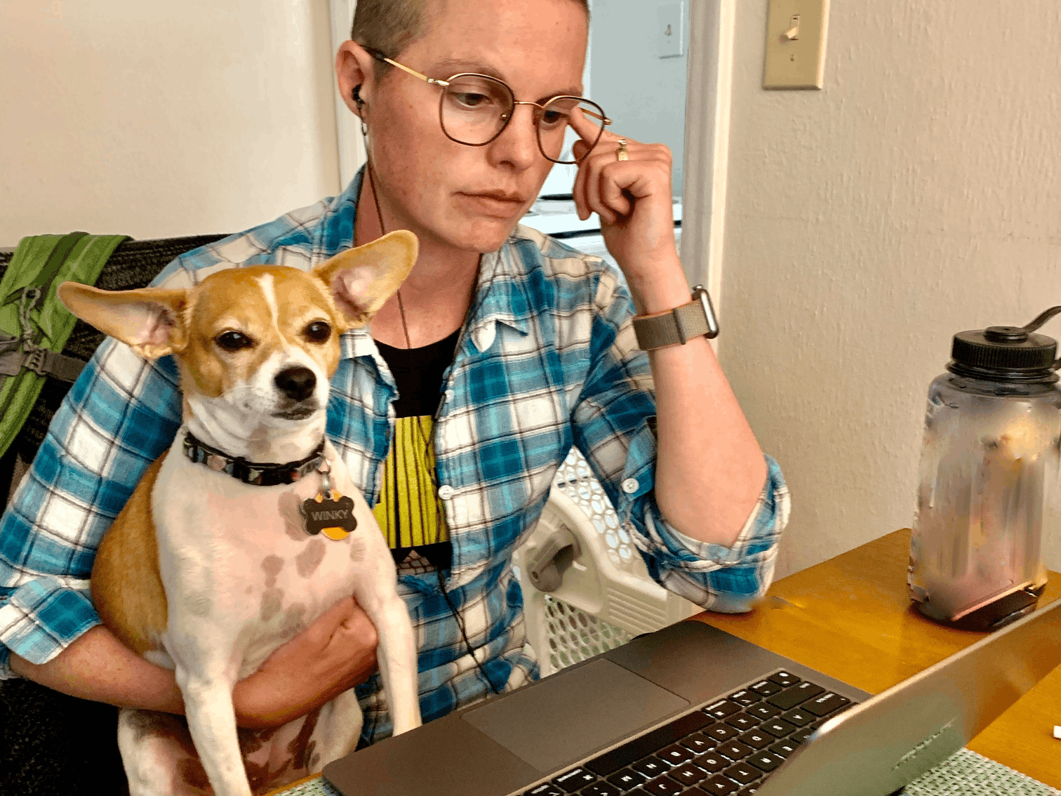 Photo of KaDee concentrating at the computer while her dog sits in her lap